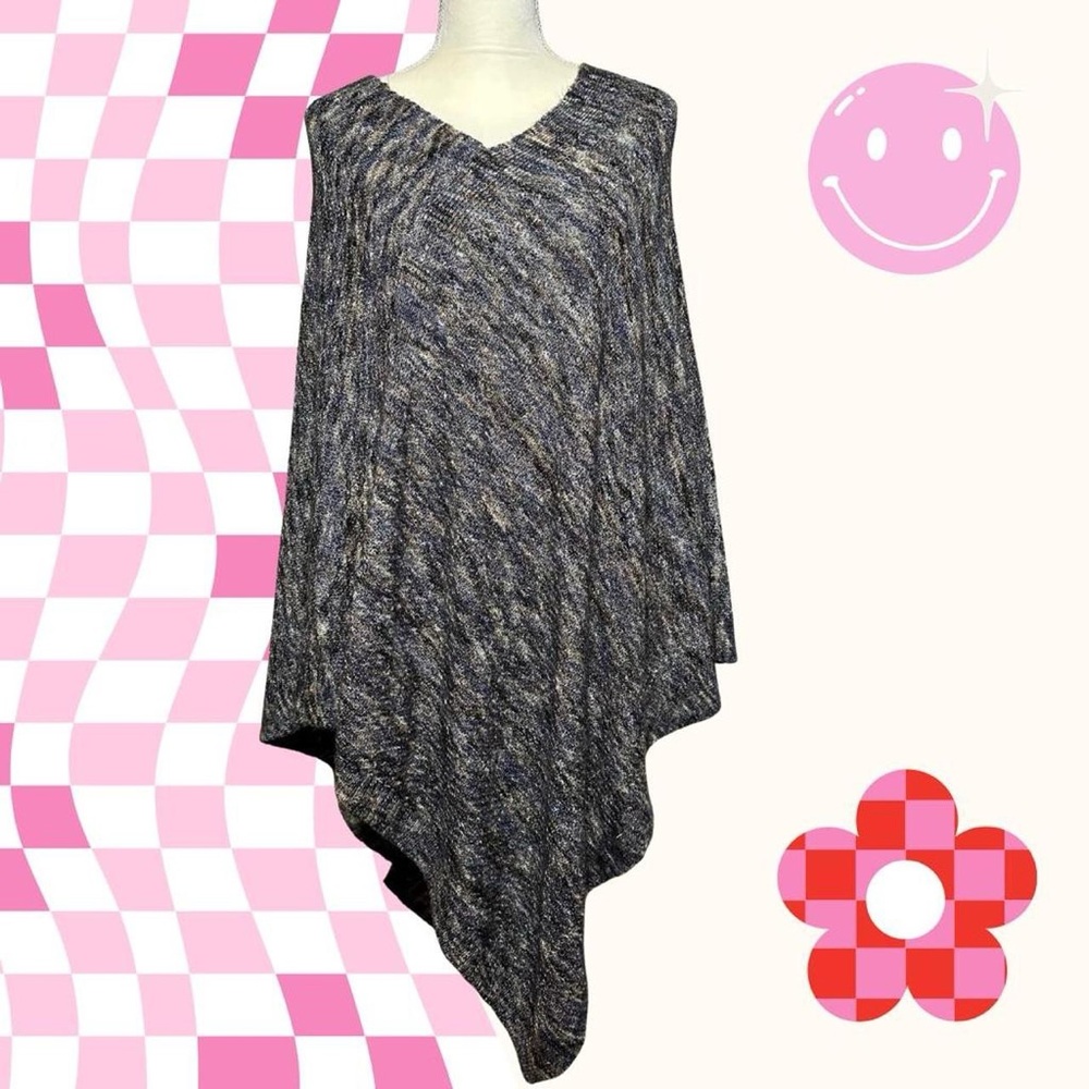 Christopher & Banks Asymmetrical Blue and Beige Knit Poncho
